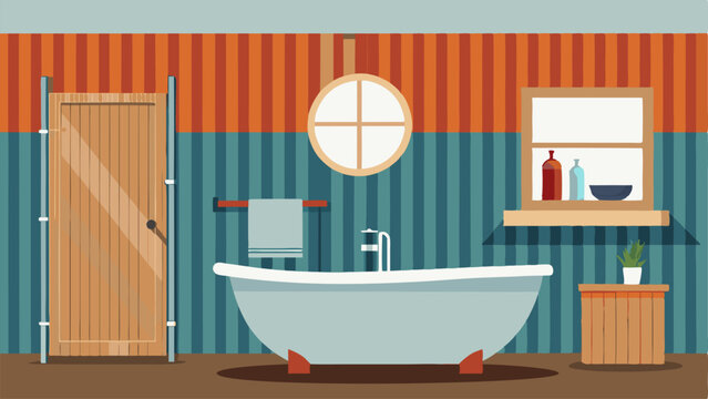 A bathroom with a corrugated metal shower surround a freestanding tub and a vanity made from salvaged wood.