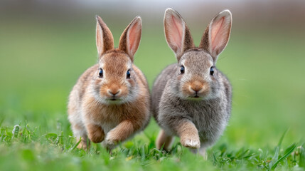 Fototapeta premium Playful rabbits chasing each other in a meadow during springtime adventure