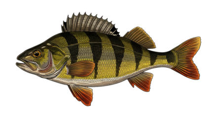 Yellow perch fish with distinctive stripes on black background