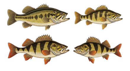 Four decorative stylized fish with intricate patterns and stripes