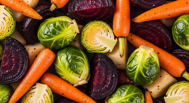 Close-up of Roasted Root Vegetables and Brussels Sprouts with Seasoning carrots - Powered by Adobe