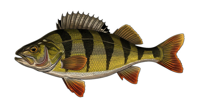 Yellow perch fish with distinctive stripes on black background