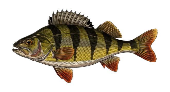 Yellow perch fish with distinctive stripes on black background