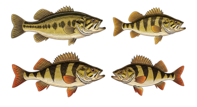 Four decorative stylized fish with intricate patterns and stripes
