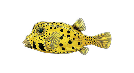 Bright yellow boxfish with black spots isolated on black background
