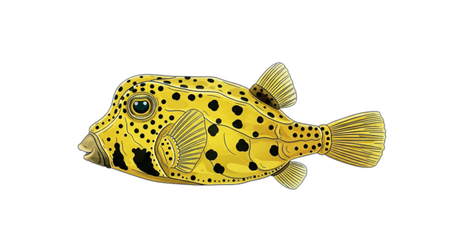 Bright yellow boxfish with black spots isolated on black background