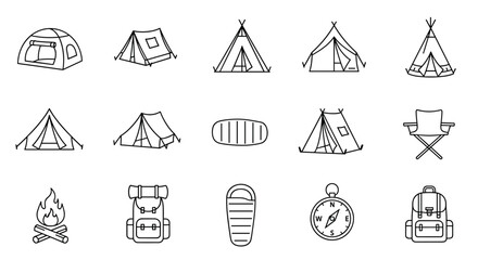 Collection of camping and outdoor adventure line icons, featuring various tent styles, sleeping bags, backpacks, a campfire, a compass, and a folding chair, perfect for graphic design, web, apps, and