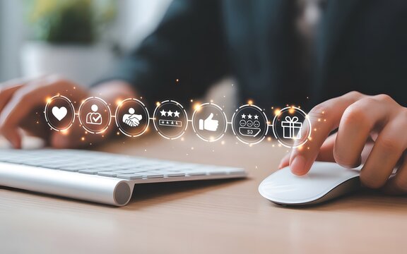 Person using computer with social media icons floating above keyboard and mouse - Powered by Adobe
