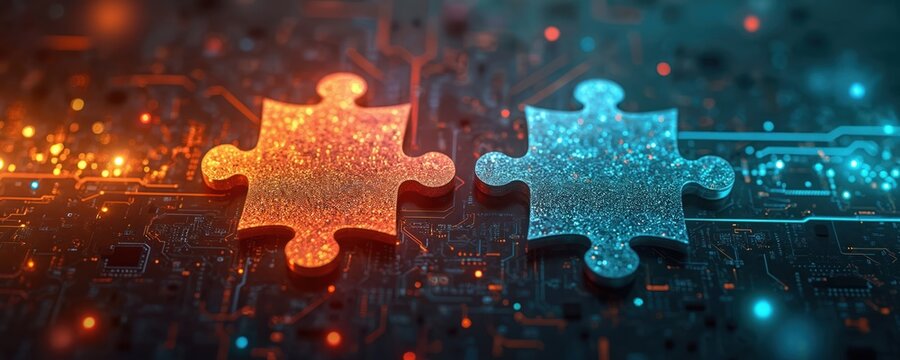 Two puzzle pieces connect on electronic circuit background. Orange, blue jigsaw pieces symbolize system integration. Tech illustration of solution connection, data bridge between applications.
