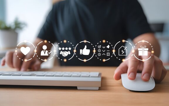 Person interacting with digital marketing icons on a computer