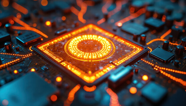 Futuristic quantum computer processor glows with bright orange LED lights on intricate circuit board. Advanced technology for complex calculations, AI, big data, and scientific research.