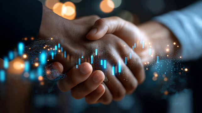 Handshake deal with global network and stock chart overlays, digital technology, internet communication, teamwork, partnership, finance, with copy space