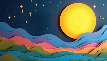 Stylized layered paper landscape illustration against dark night sky with moon stars. Artwork shows fantasy land made from color cardboard wavy shapes. Design good for fairytale book cover, kid room