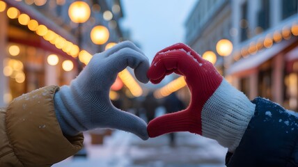 Couple forms heart shape with hands wearing winter gloves outdoors