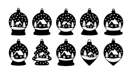 Collection of black silhouette christmas ornaments with winter scenes