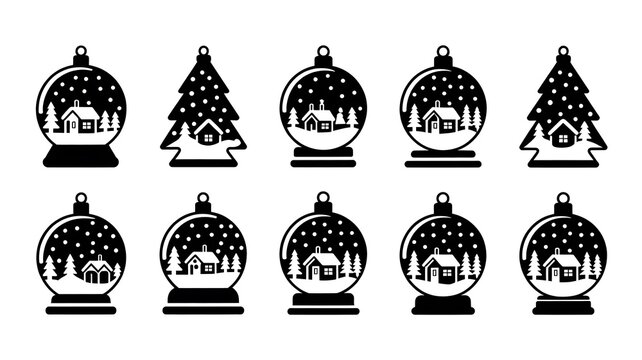 Collection of christmas snow globes and trees with winter village scenes