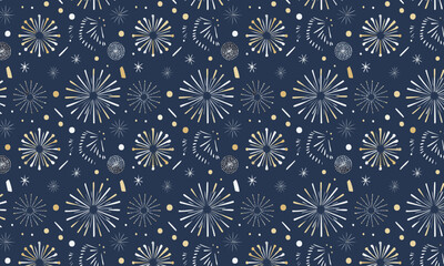 Elegant Fireworks Celebration Pattern — Seamless Luxury Vector Background in Gold and Silver on Navy Blue