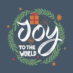Joy to the World, typography t-shirt design, vector Christmas retro lettering. Holiday greeting design for cards, posters, invitations, and seasonal decoration. Ink stamp effect, grunge background.