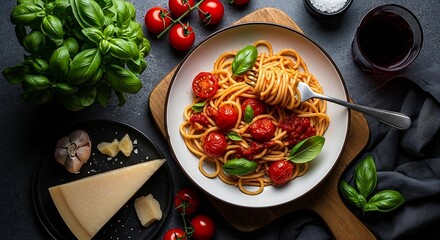 Italian Spaghetti with Tomato Sauce and Fresh Basil Garnished with Cherry Tomatoes and Parmesan Cheese on a Wooden Board