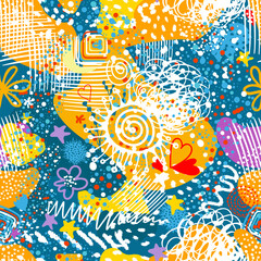 Seamless background abstract colorful bright children's. for packaging, textiles, decor, children's decoration . Hand drawn. Not AI, vector illustration.