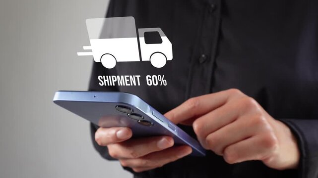 Delivery percentage. Corporate woman using her cell phone with an animated delivery truck icon counting.