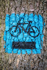 Sign on a tree designating a bike path, autumn.
