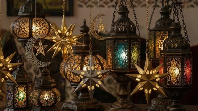 Elderly man making dua during Laylat al Bara'at in a peaceful, spiritually lit setting filled with ornate lanterns