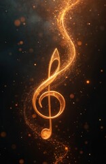 Golden treble clef symbol emerges from glowing light wave on dark background. Sparkles and bokeh add magic to musical artwork. Abstract design conveys sound and rhythm. Festive celebration of song.