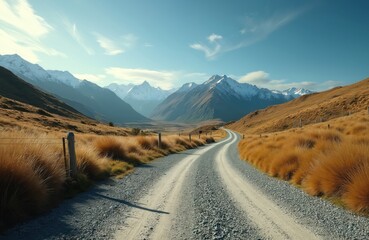 Long gravel road winds through rural landscape. Mountain range with snow capped peaks in background. Golden brown grass, blue sky with clouds. New Zealand countryside scene with open road, majestic