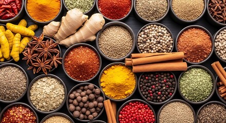 A Rich Assortment of Spices and Herbs in Small Bowls and Whole Forms seasoning aromatic