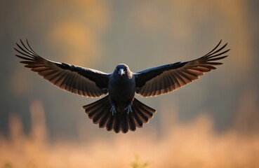 Fototapeta premium Hooded crow flies forward directly towards camera. Bird spreads wide wings, showing detailed feathers. Background is warm blurred natural scene, golden hour light.