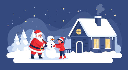 Naklejka premium A heartwarming flat design illustration showcasing Santa and a child joyfully creating a snowman outside a glowing cottage on a magical Christmas Eve