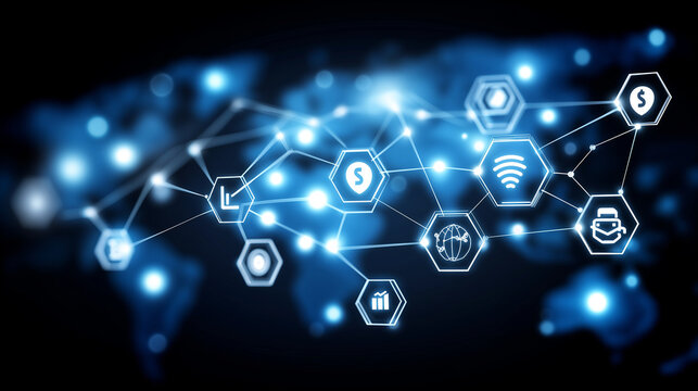 Global growth network with data analytics, AI, blockchain, cybersecurity icons, business strategy, fintech, stock market, digital transformation, with copy space