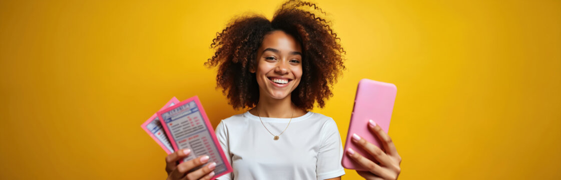 Happy young woman holds lottery tickets and smartphone. She smiles, ready to play games or check results on mobile phone. Excitement for lucky chance. - Powered by Adobe