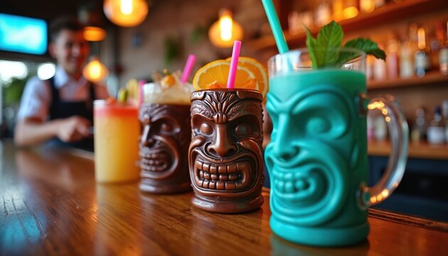 Exotic tiki cocktails in colorful ceramic mugs on wooden bar counter. Smiling bartender serves drinks in pub. Tropical beverages garnished with fresh fruit, mint, ready for party. Festive atmosphere - Powered by Adobe
