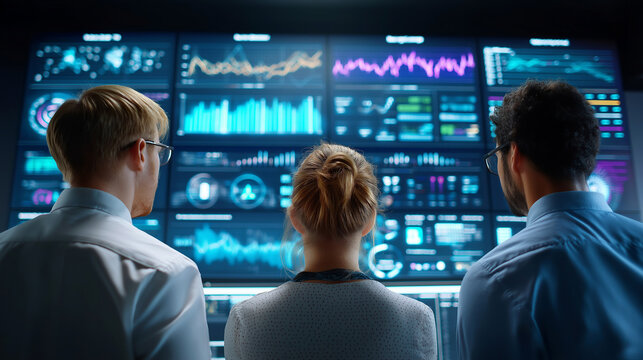 Three professionals reviewing data dashboards on large screen, analytics, KPI review, presentation, decision making, corporate meeting, with copy space - Powered by Adobe