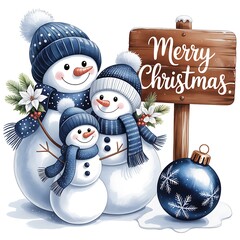 Happy snowmen family celebrating christmas with a sign and ornament
