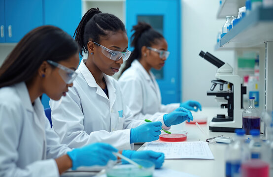 Three young african women in lab coats and safety glasses work with petri dishes. Scientists wear blue gloves. They study biological samples using lab tools. A microscope is nearby. - Powered by Adobe
