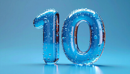 Abstract futuristic number ten 10 in glossy 3D style covered with water droplets