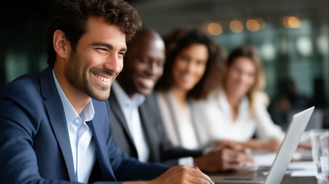 Multiracial business team having meeting, inclusive leadership, collaboration, corporate culture, boardroom teamwork, strategy, with copy space