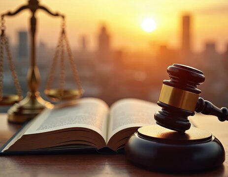 Scales of justice, judge gavel and open law book rest on wooden table. Blurred cityscape sunset background suggests legal services or court decisions. Symbol of law and order.