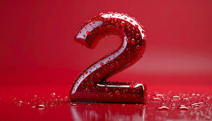 Abstract futuristic number 2 in glossy 3D style covered with water droplets, smooth red background