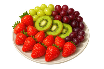 Obraz premium Healthy fruit platter with fresh strawberries, sliced kiwi, green and red grapes on a plate, clean eating