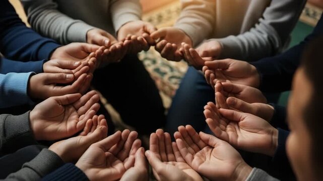 Hands of different ages join together in prayer for Laylat al Bara'at, symbolizing unity and hope in a serene setting