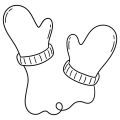 Hand-drawn doodle of a pair of warm mittens for children on a white background.