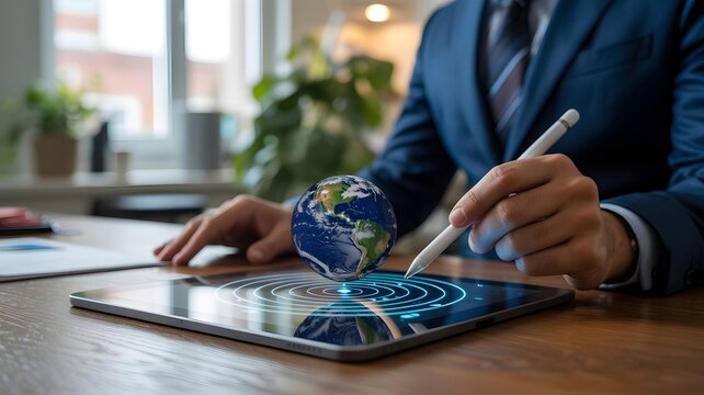 Digital globe hovers over tablet, lit by blue circles. A professional uses stylus, for presentation, technology branding, corporate video, social media.