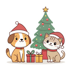 Adorable Pets with Christmas Tree and Presents