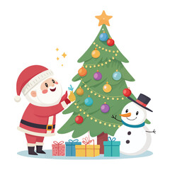 Santa with Child Decorating Tree Illustration