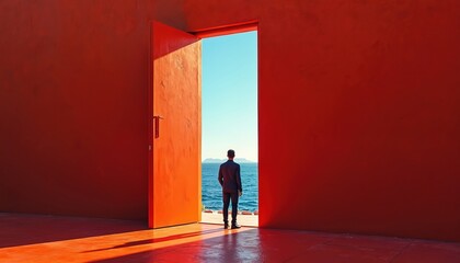 A man stands before a striking red doorway facing the ocean. The image symbolizes opportunities new beginnings transition a journey towards future goals. Conceptual photo focuses on ambition.