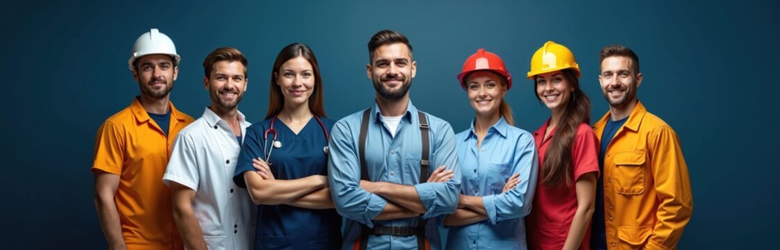 Diverse group of people in various professions. Men, women in uniform, work clothes, wearing hard hats. Healthcare, construction, industry workers standing together on blue background. Professionals